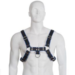 LEATHER BODY CHEST BULLDOG HARNESS BLACK/BLUE LEATHER